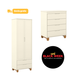 Comoda con 4 cajones Zupy Clean Laq. y Ropero 2 Puertas Zupy Clean Laq. Off White/Eco Wood