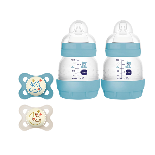 Kit con 2 chupetes Original Night Azul/Marfil (0-6m) + Paquete con 2 Biberones Easy Start 130ml Azul (0m)