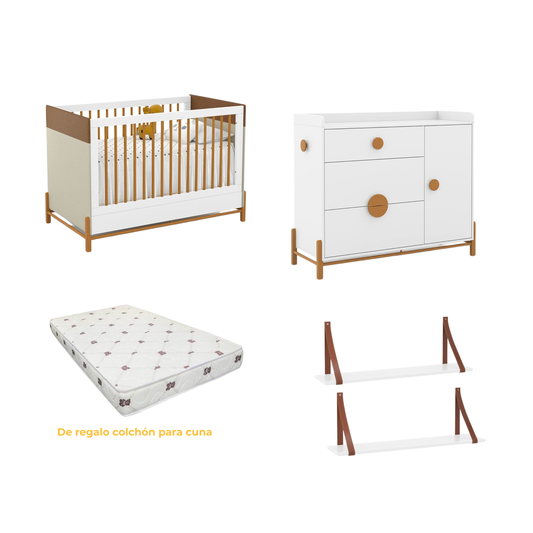 Combo Matic Tess - Cuna + Comoda + Estantes Colgantes + COLCHON DE REGALO