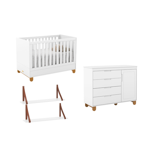 Combo Zupy Cuna + Cómoda + Kit 2 repisas Blanco Soft (3 piezas)