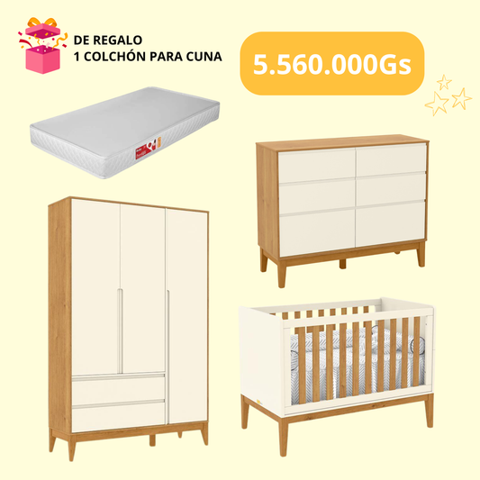 Kit Nature Cuna + Comoda + Ropero + Colchón De Regalo